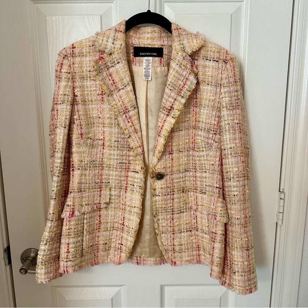 Jones New York Tweed Blazer – Size 4 – Cream Pink Yellow
